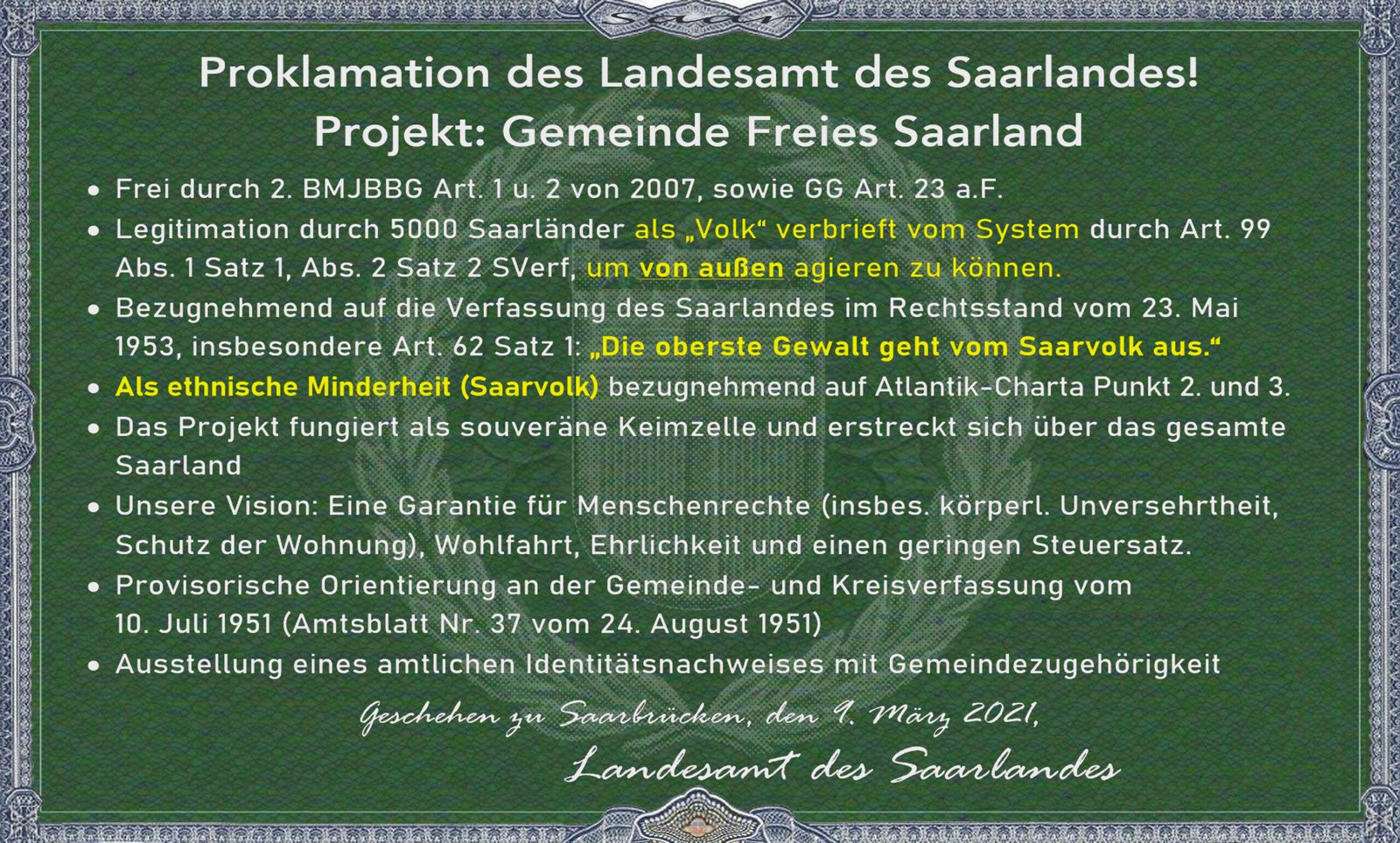 Proklamation des Landesamt des Saarlande